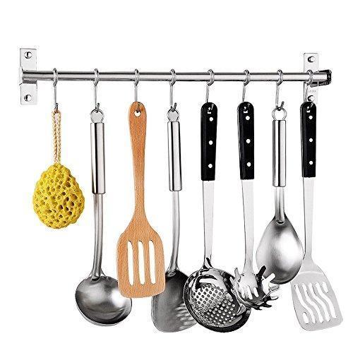 Tevizz Kitchen Utensil Rack,Wall Mounted Hanger,Space Saver Stainless Steel Rack Rail Storage Organizer Kitchen Tools for Hanging Knives, Spoon,Pot and Pan with Removable S Hooks