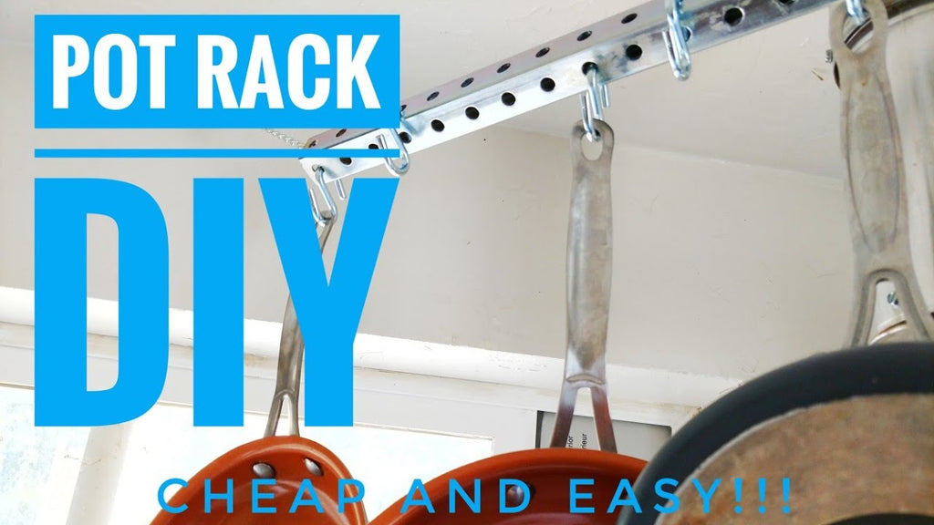 Most Simple DIY Pot Rack Ever! Just grab a hallow metal tube, run a chain through it, attack the chain to hooks in the ceiling and hang a few S hooks on the ...