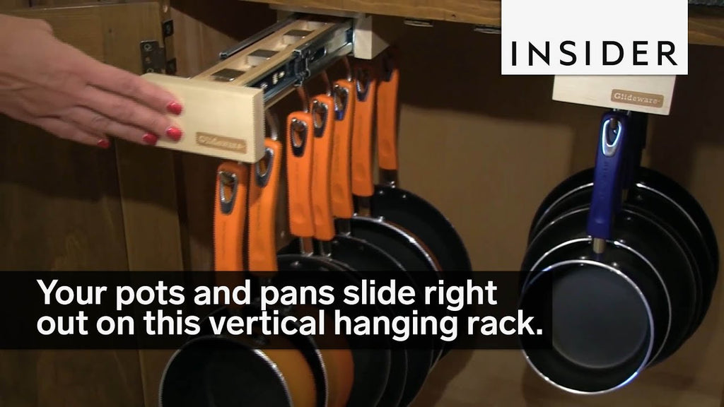 Your pots and pans slide right out on this vertical hanging rack.