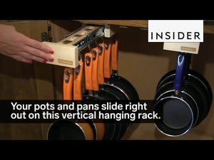 Your pots and pans slide right out on this vertical hanging rack.