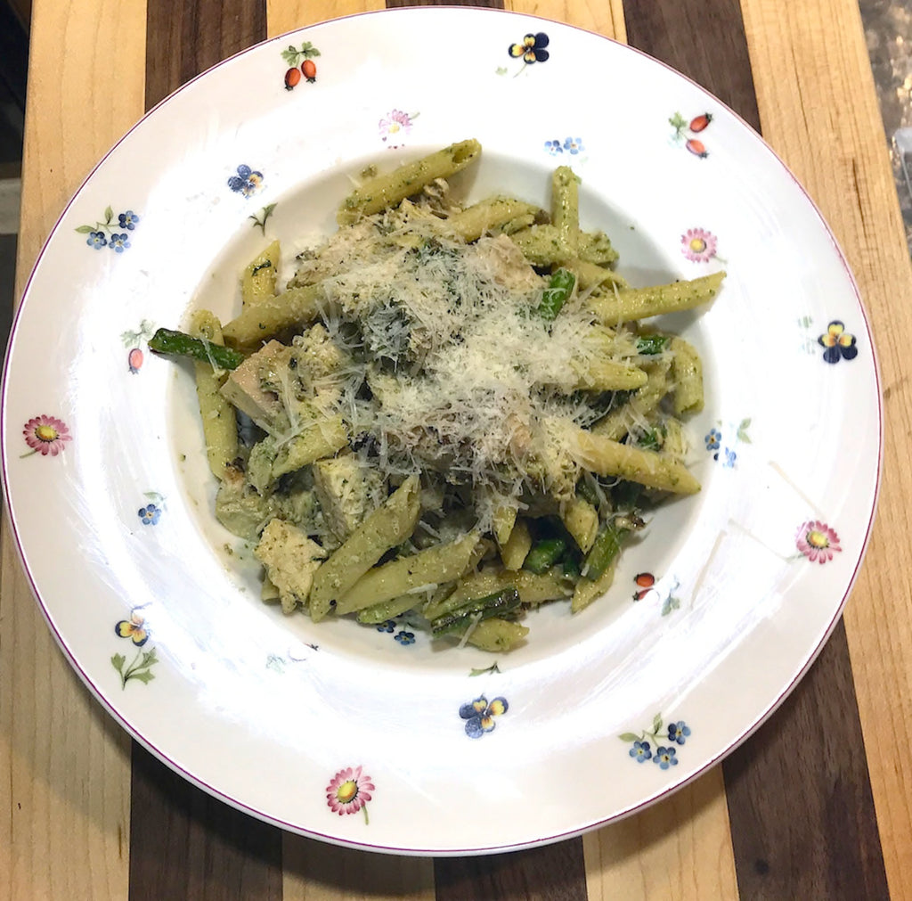 Pesto with Penne, Roasted Asparagus and Grilled Chicken