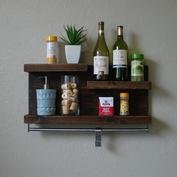 Modern Rustic 3 Tier Spice Rack Shelf w/ 23" Pot Rack Bar & 5 Hanging Hooks by KeoDecor