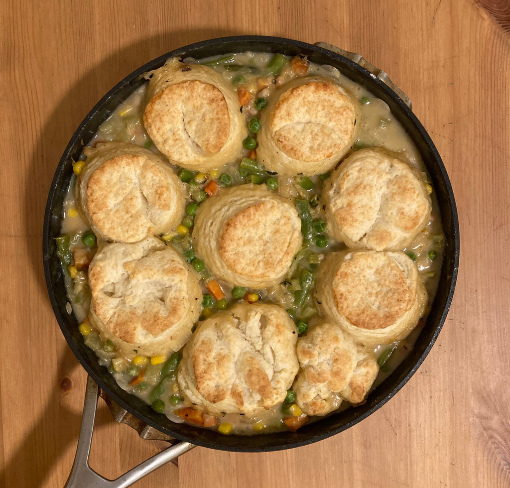 Vegetarian Pot Pie with Biscuits, Caramelized Onion, White Beans and Thyme