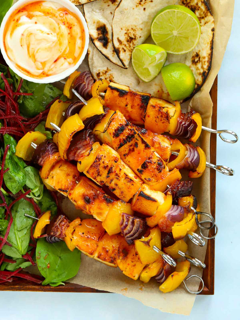 Sticky Halloumi Kebabs {with Chilli Mayo Dip}
