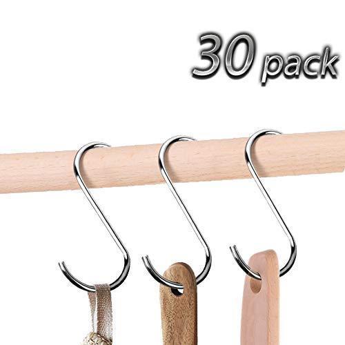 YKEASE S Hooks Heavy Duty Stainless Steel Kitchen S Shaped Hanging Hooks Hangers for Pans Pots Plants Bags Towels Pack of 30