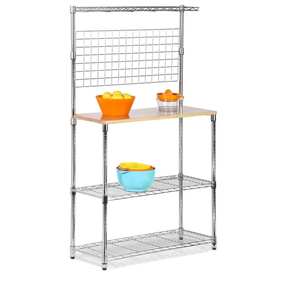 Metal Backers Rack with Storage Shelves and Solid Wood Cutting Board